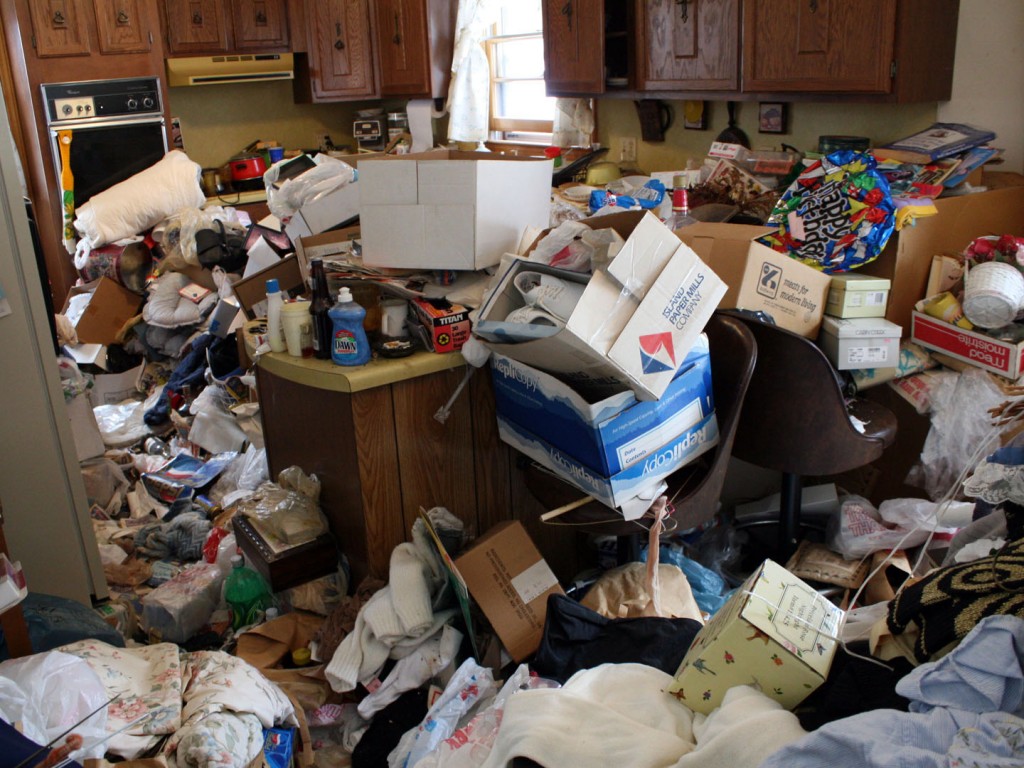 A kitchen strewn with hoards of boxes, papers, newspapers, bottles, and filth.