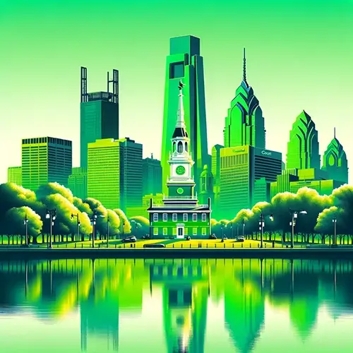 Philadelphia, PA skyline highlighted in green