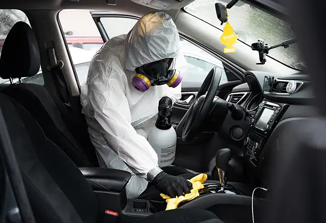 Biohazard tech in PPE cleaning the blood out of a vehicle