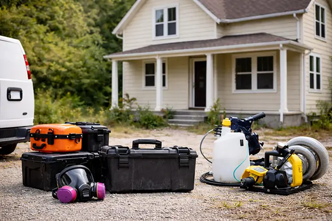 Outside of a home that was used as a meth lab, with a van and cleaning supplies sitting outside.