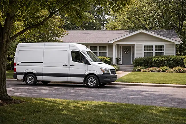 Unmarked Bio Recovery van outside of a home where a suicide took place